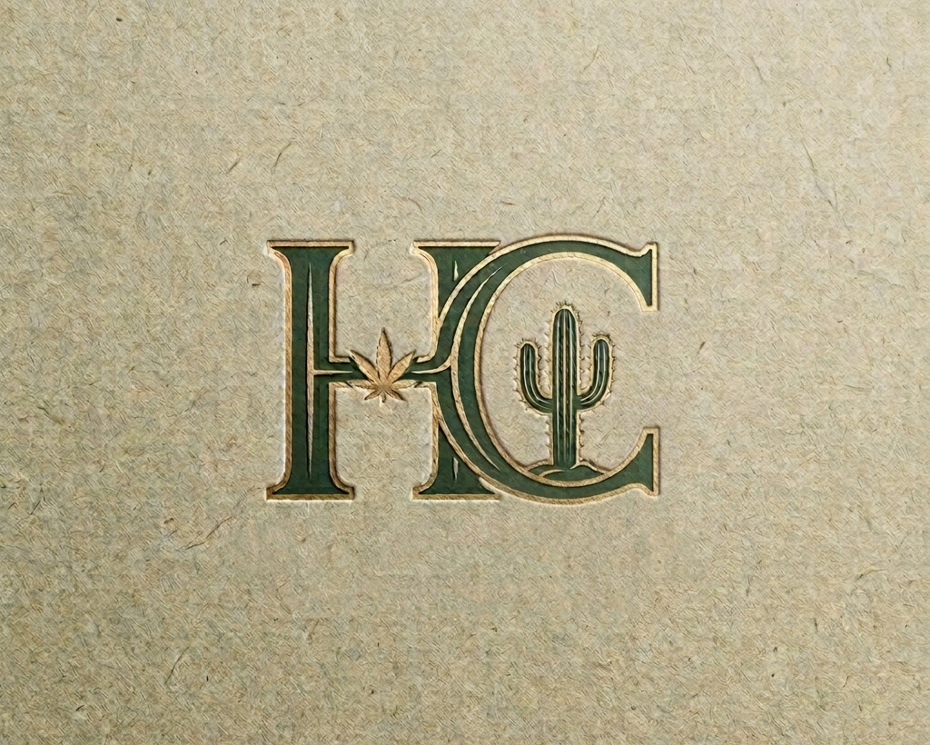 A close-up of a textured beige surface featuring a stylized dark green and gold monogram logo with a cannabis leaf and a cactus.